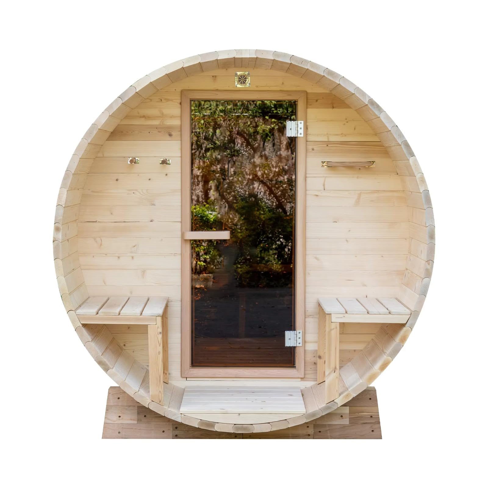 Sala sauna a infrarossi lontani con pannelli riscaldanti, porta in vetro temperato, sistema di controllo digitale per spa domestica e relax benessere