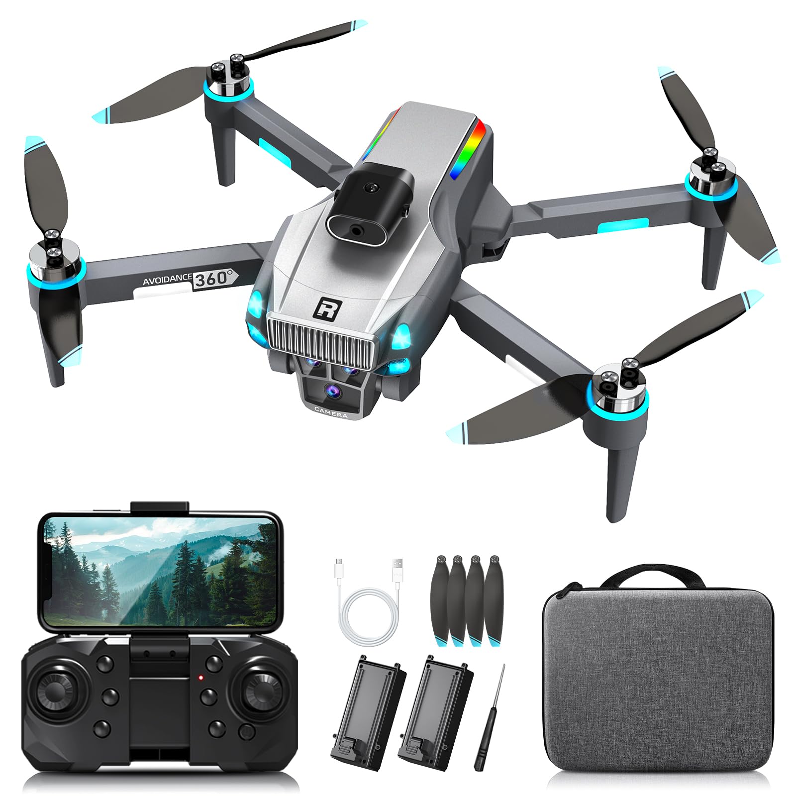 Drone con Cámara 4K, Localización del Flujo Luminoso en Suspensión, Cabezal de Evitación de Obstáculos de 360°, Motor sin Escobillas, 2 Baterías, Silver Gray