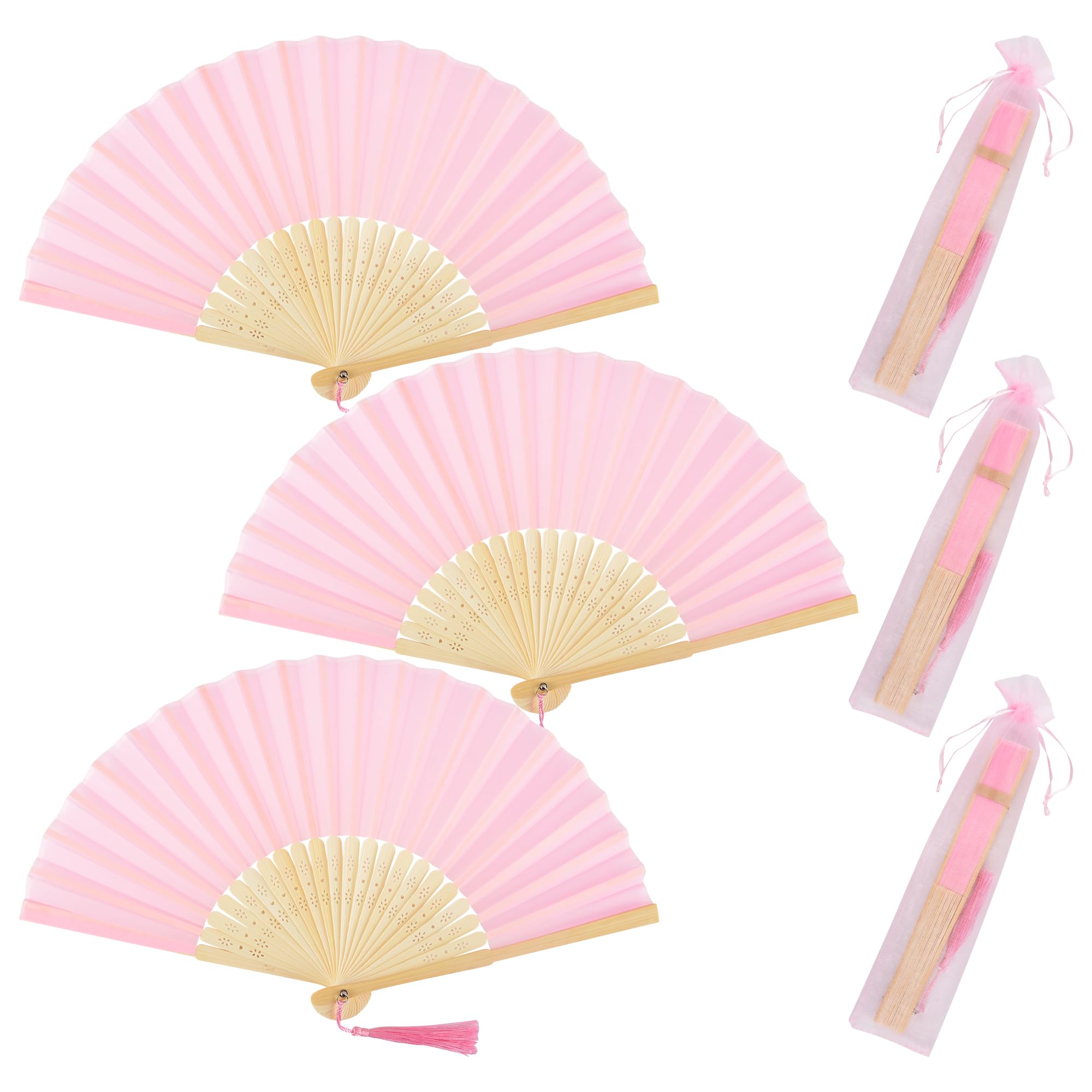 KEYIDO 3 Pack Hand Fan Folding Pink Handheld Fan Foldable Silk Fabric Hand fan Manual with Tassel for Weddings Wall Decoration Dancing