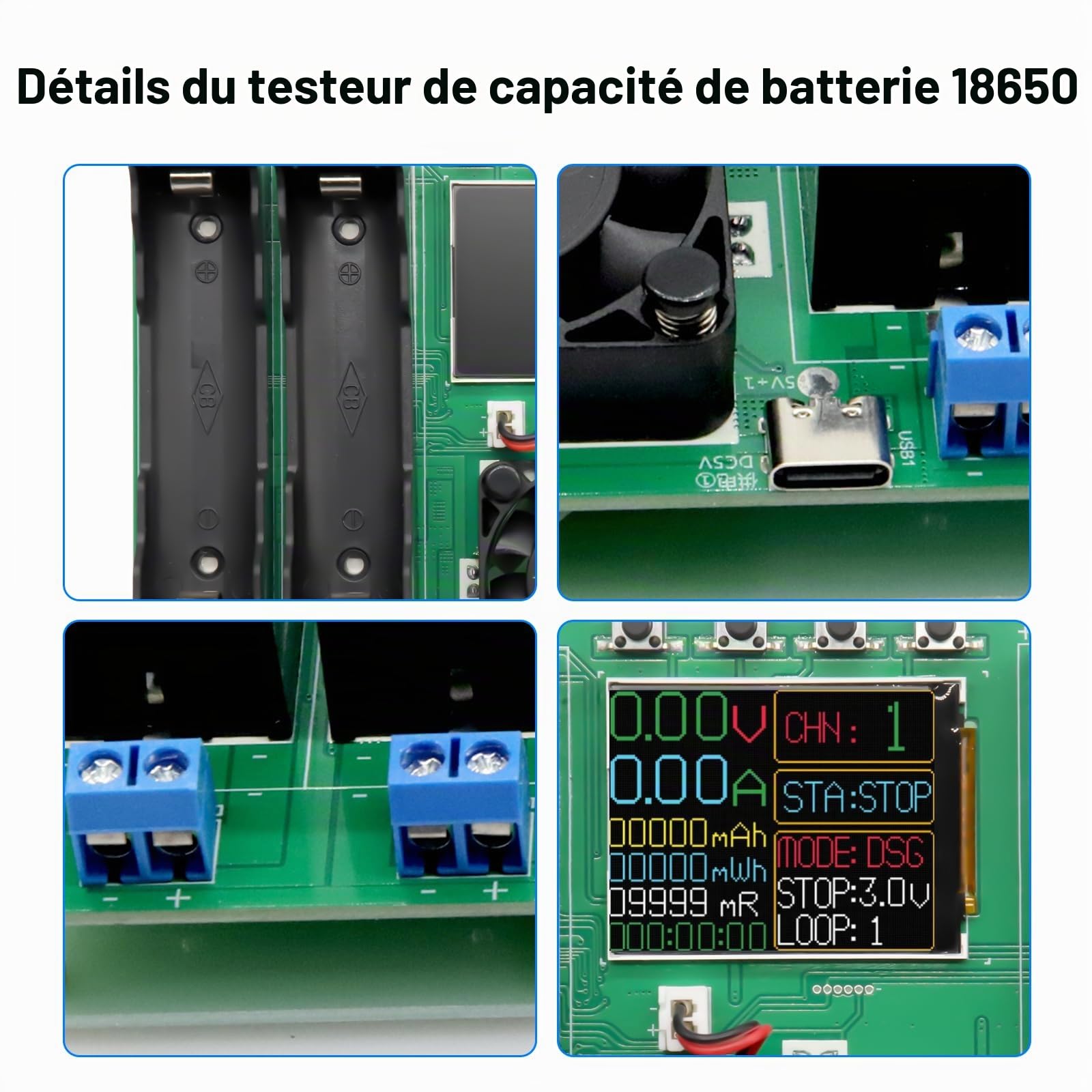 Testeur de capacité de batterie AYWHP Capacité et résistance de batterie 18650 avec écran LCD type C