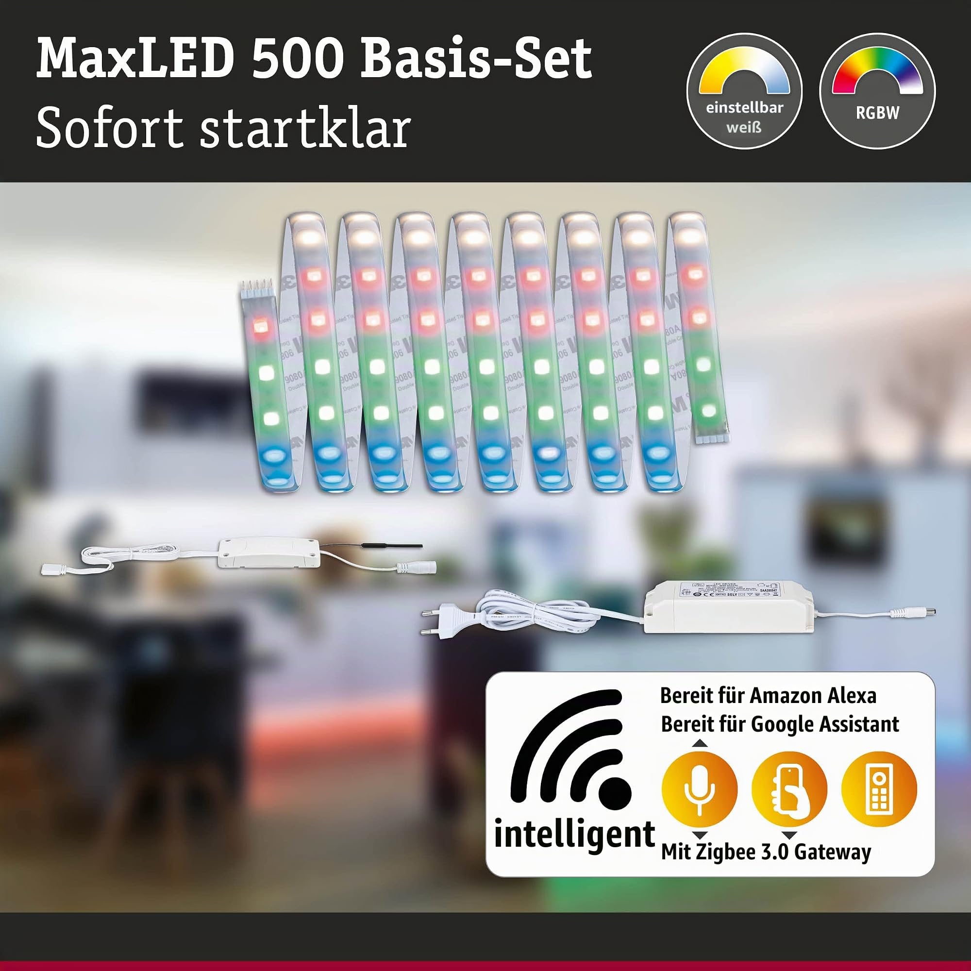 Paulmann 78884 LED Stripe MaxLED 500 Basisset Smart Home Zigbee IP44 3m incl. 1x23 W dimmbar RGBW Farbsteuerung Silber Kunststoff Lichtstreifen 3000 K