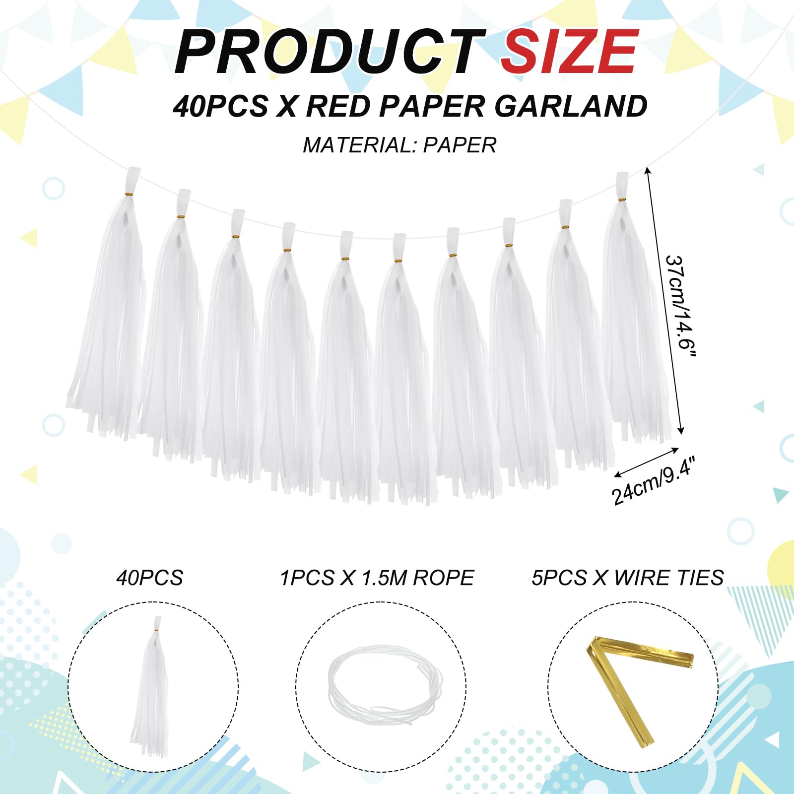 MECCANIXITY 40Pcs Tassel Garland Banner Tissue Paper for Streamers Party Decorations, Valentine's Day Birthday Decor for Women with Rope and Tie Wire (White, 14.6Inch)