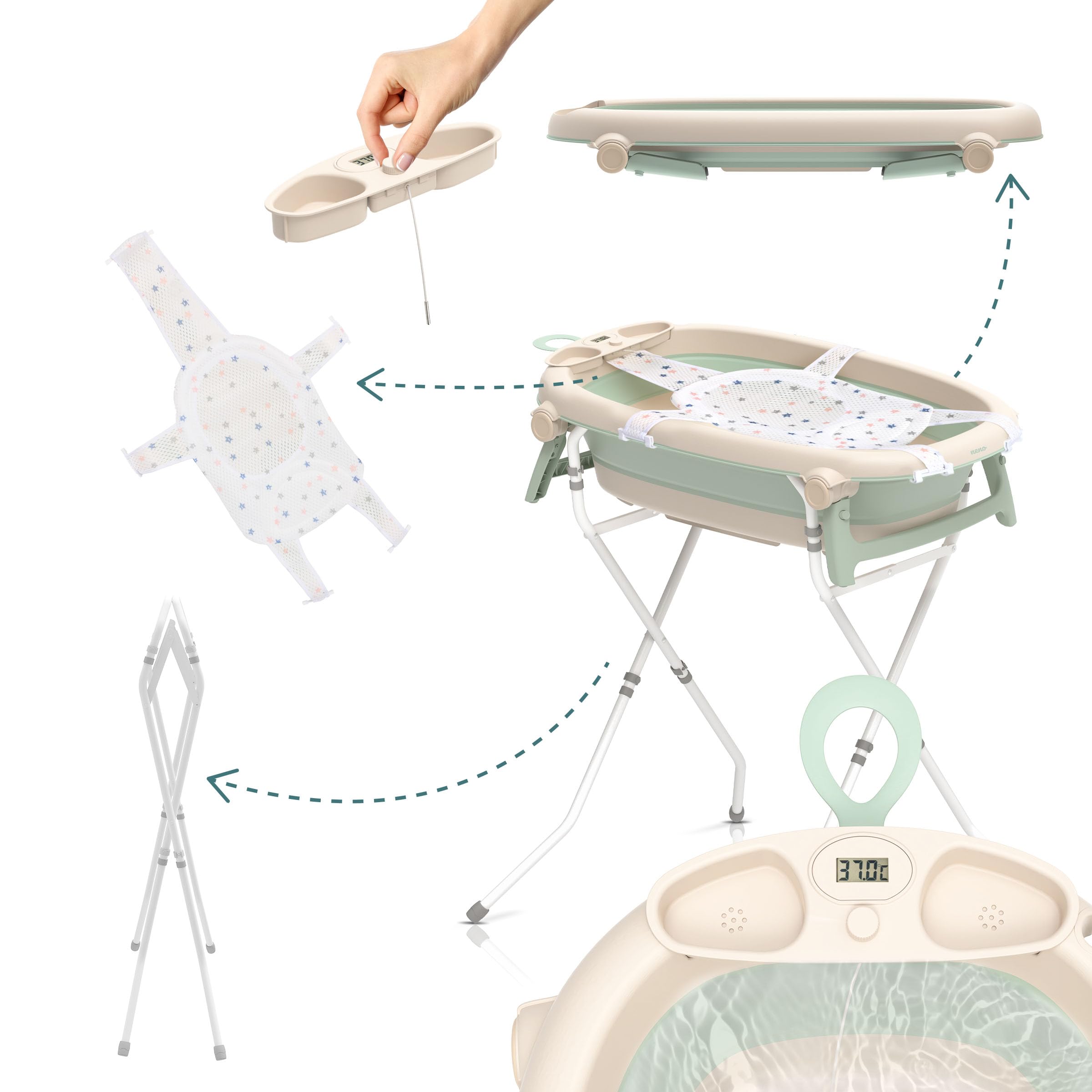 Neno Lucy Stand Baby Badewanne mit Gestell und Thermometer - Faltbare Babywanne - Babybadewanne mit Ständer - Kinderbadewanne ab Geburt zum 30kg – Ablaufschlauch, Rutschfester Innenmatte - 89x52 cm