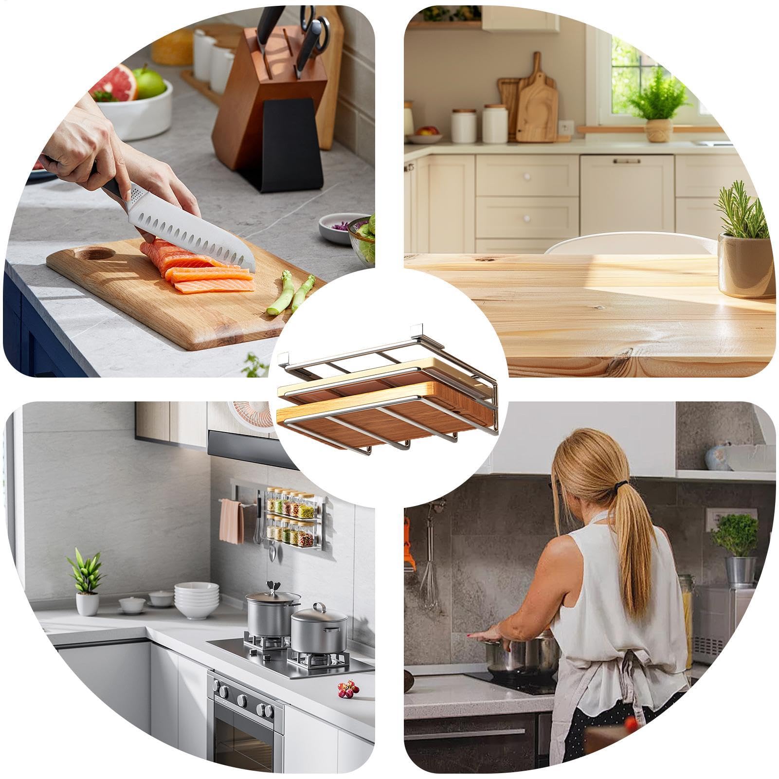 Generico Raccolto di supporto per taglieri, sotto il menomino del cabinet,Hangble Under Gabinet Pan Lid Stand - Rastrellino da tagliere in acciaio inossidabile per cucina