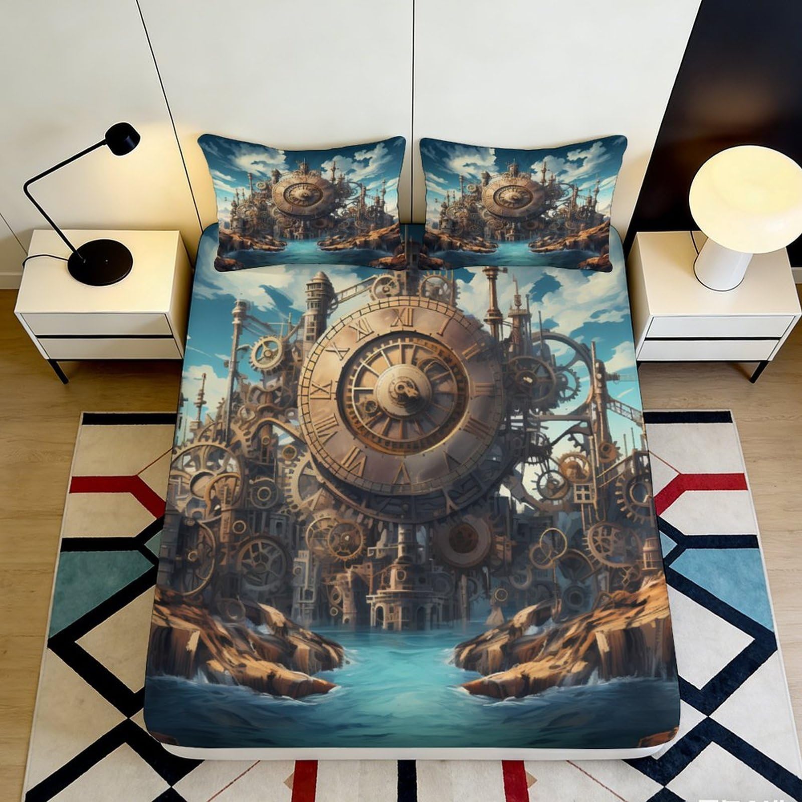 3D Printed Steampunk Clockwork Fitted Sheet Microfiber Soft Breathable Industrial Fantasy Bed Cover for Bedroom Decor 200x200x25cm