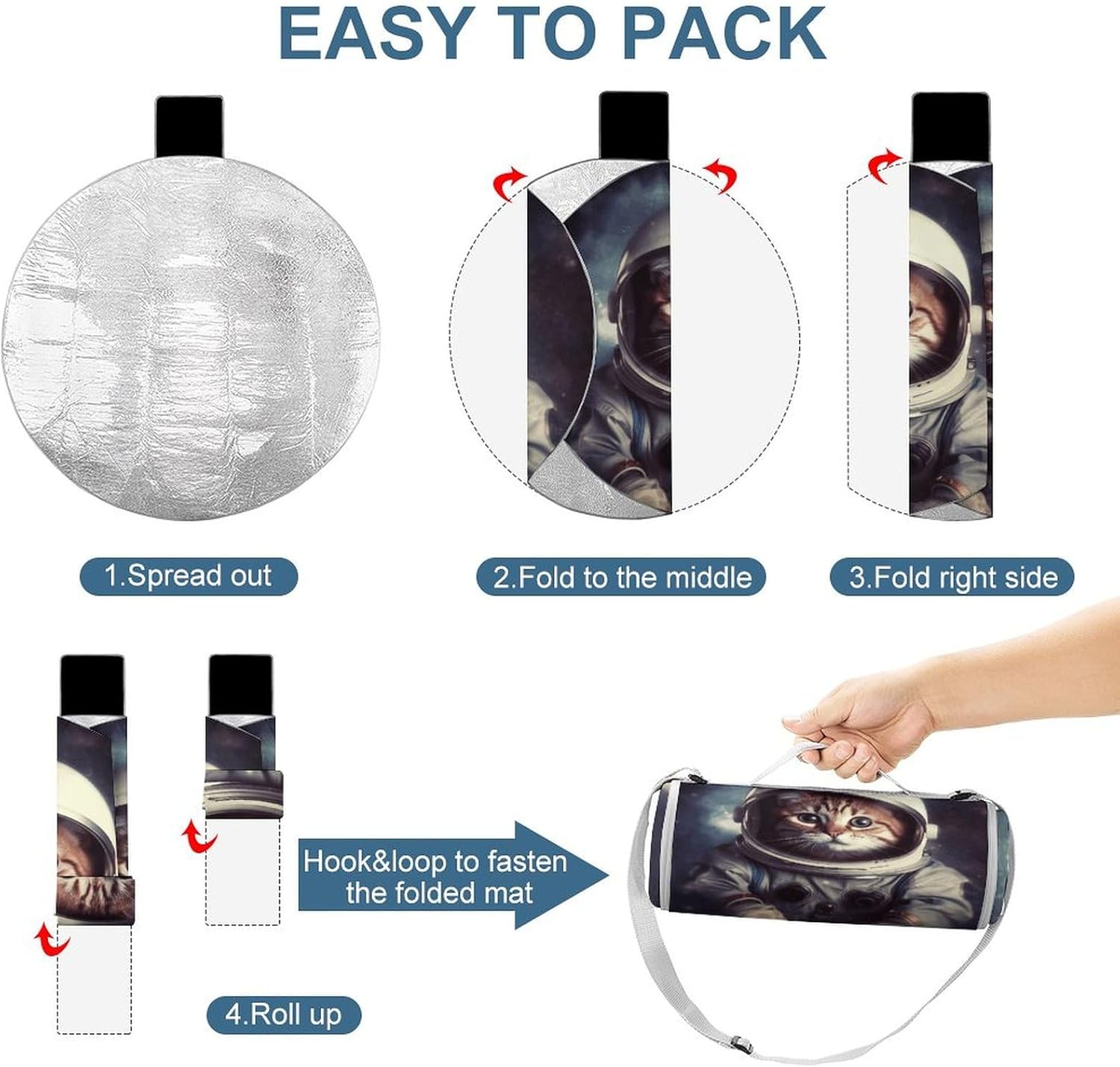 Animal Cat Astronaut Picnic Blankets, 3 Layer Picnic Mat,Foldable Lightweight Camping Blanket for Camping, Hiking,Beach,Grass