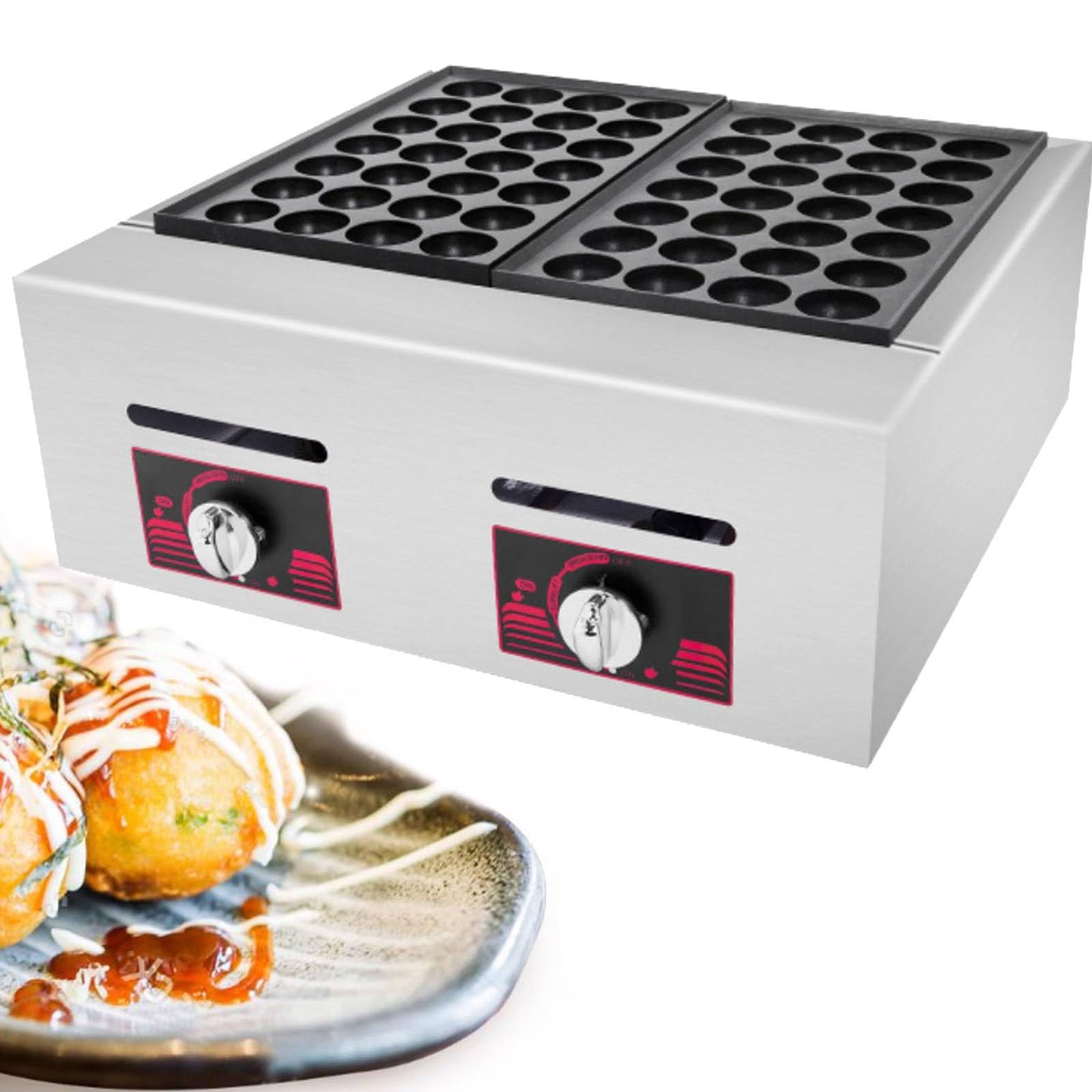YXZQLOZ Commercial Gas Takoyaki Machine (56-hole) with two electric griddles; for making Japanese takoyaki, breakfast dishes, fried eggs, pancakes, and steaks.