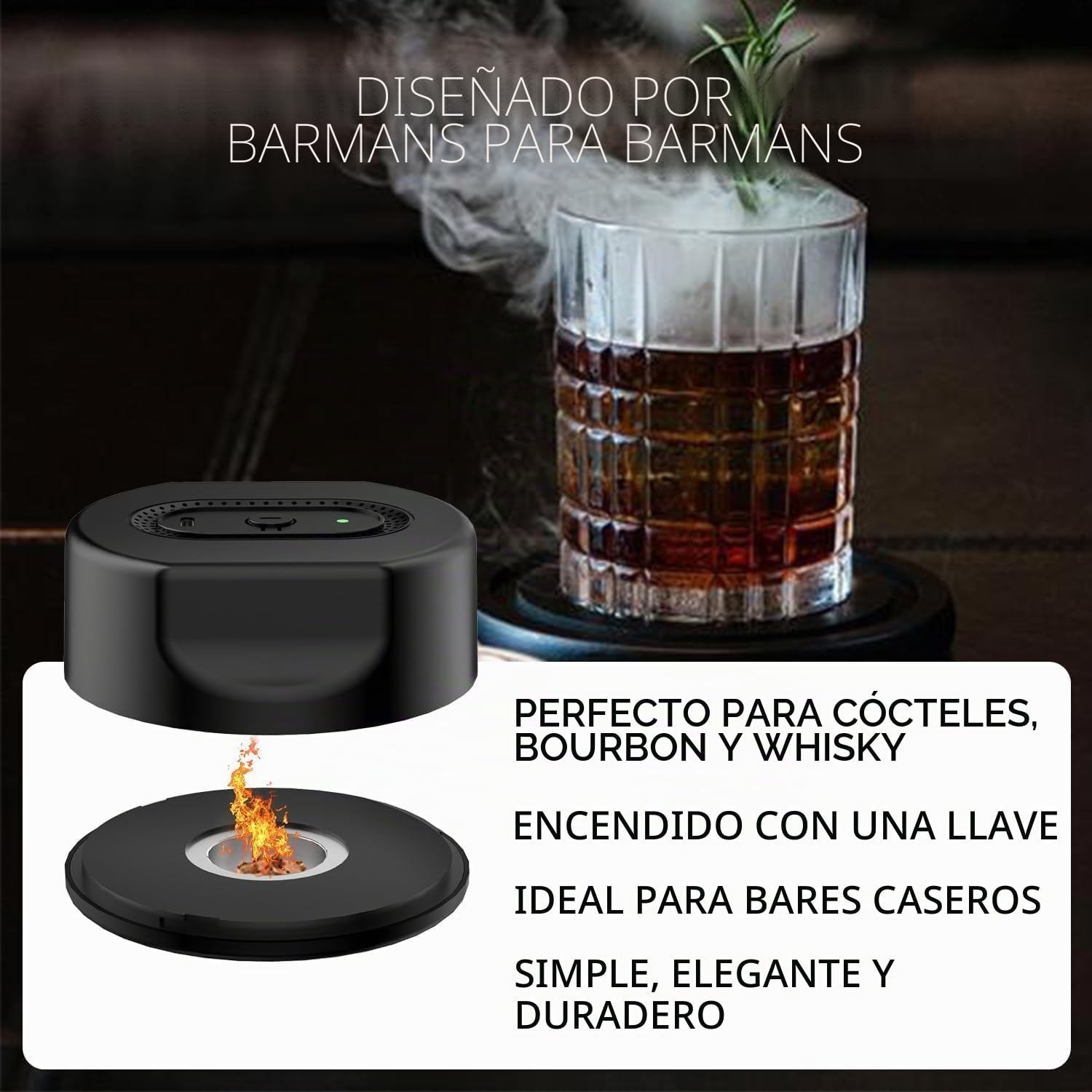 QUMOX Kit Ahumador para Cócteles con 6 Sabores de Virutas de Madera – KZ-31 Ahumador para Whisky Recargable USB-C, Apagado Automático, Sin Butano, Idea de Regalo para Amantes de los Cócteles