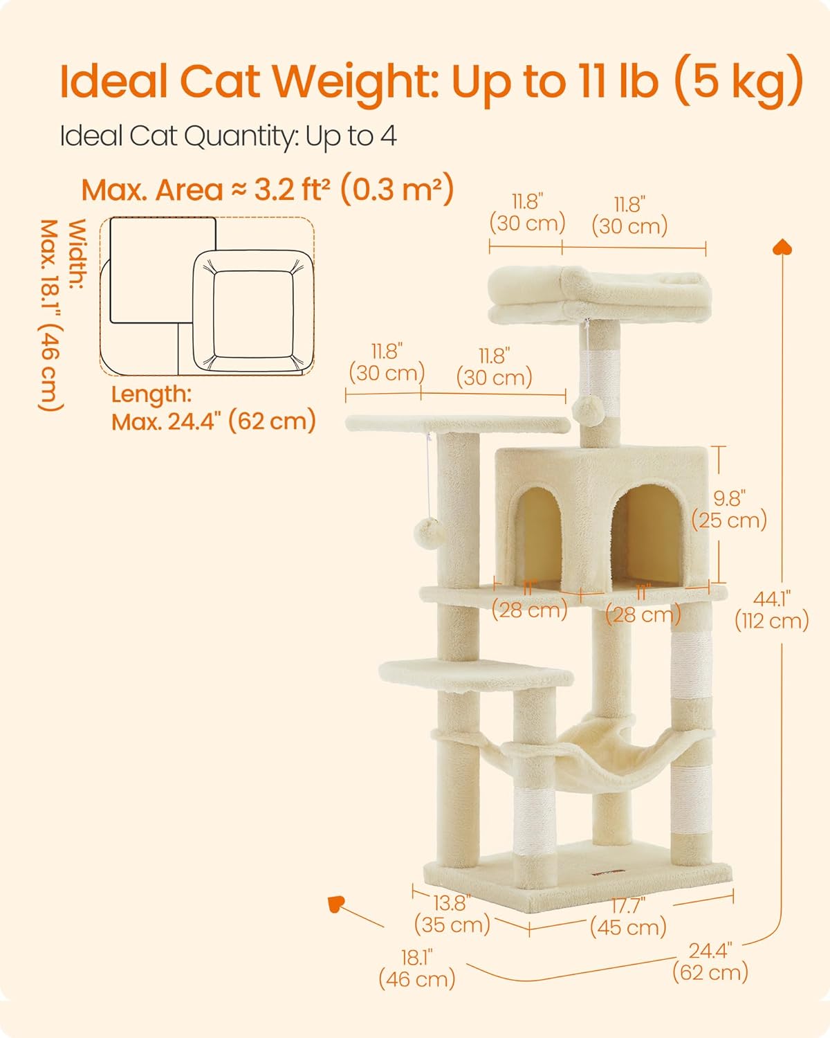 Detailed diagram showing the dimensions of the Feandrea Cat Tree Tower PCT261M01 and ideal cat weight limits.