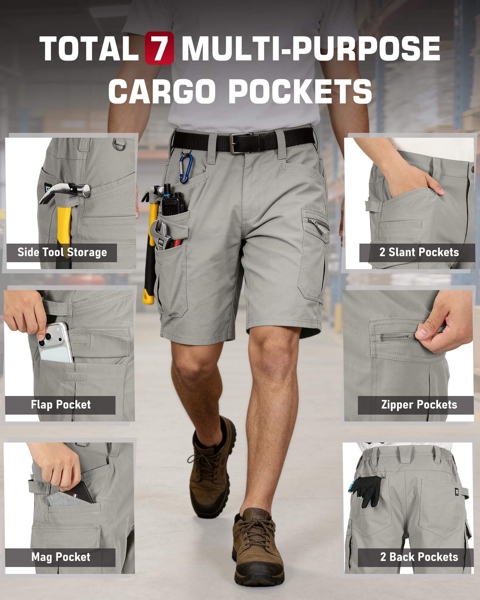 IGOLUMON Pantaloncini Uomo Pantaloncini da Lavoro con Vita Elasticizzata | Pantaloncini Cargo Uomo Pantaloni Corti Traspirante Bermuda Uomo Estivi 7 Tasche per Esterni Casual
