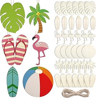 Simgoing 36 Pcs Unfinished Wood Summer Cutouts Hawaiian Wood DIY Paint Crafts Tropical Beach Ball Palm Tree Flip Flop Shaped Hanging Ornaments with Hole Hemp Ropes for Hawaii Luau Party Decors