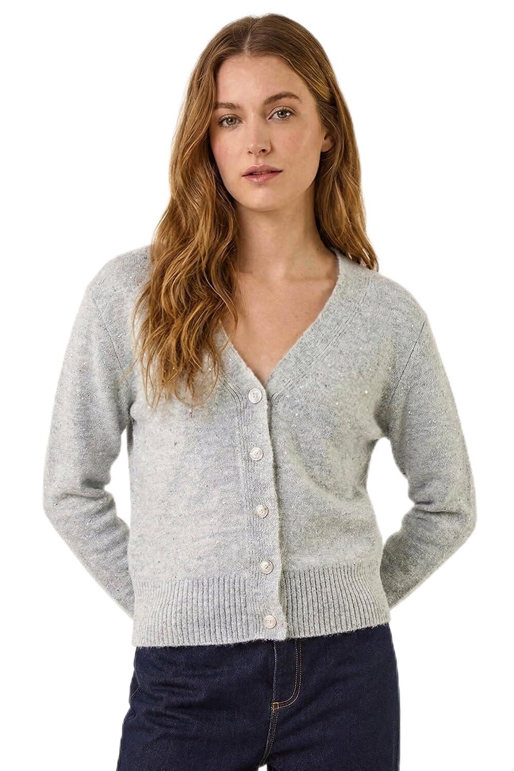 Roman Originals Women's Grey Sequin V-Neck Buttoned Cardigan For Uk - Everyday Autumn Winter V-Neckline Comfy Soft Evening Vacation Work Party Night Out - Size 16