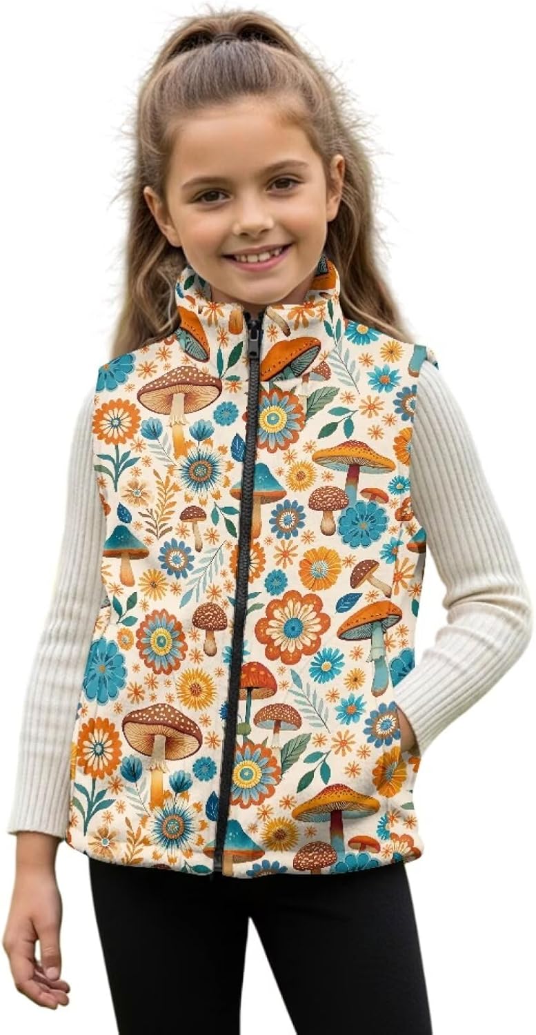 Girls Zip Up Vest with Pocket Fleece Outerwear, Stand Collar Tops Teen Kids Sleeveless Jacket 2-12Y