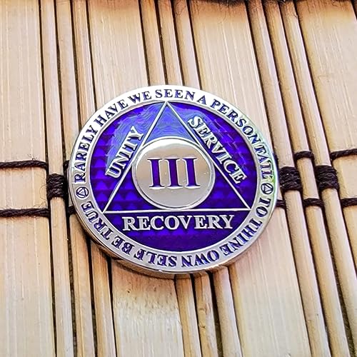 Miniatura 2 de Moneda de sobriedad de 3 años, chip AA heredado, ficha de aniversario de recuperación de triplaca gruesa (morado)