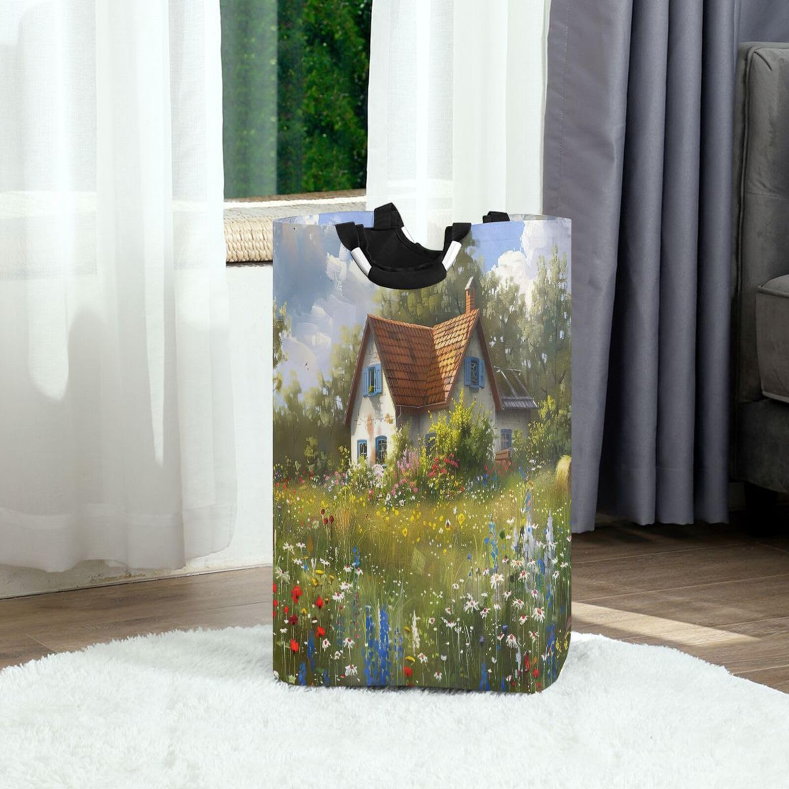 Jihqo Laundry Hamper Basket Beautiful Countryside House Collapsible Nursery Storage Bin Waterproof Clothing Baskets for Home Bedroom Bathroom Washing Room