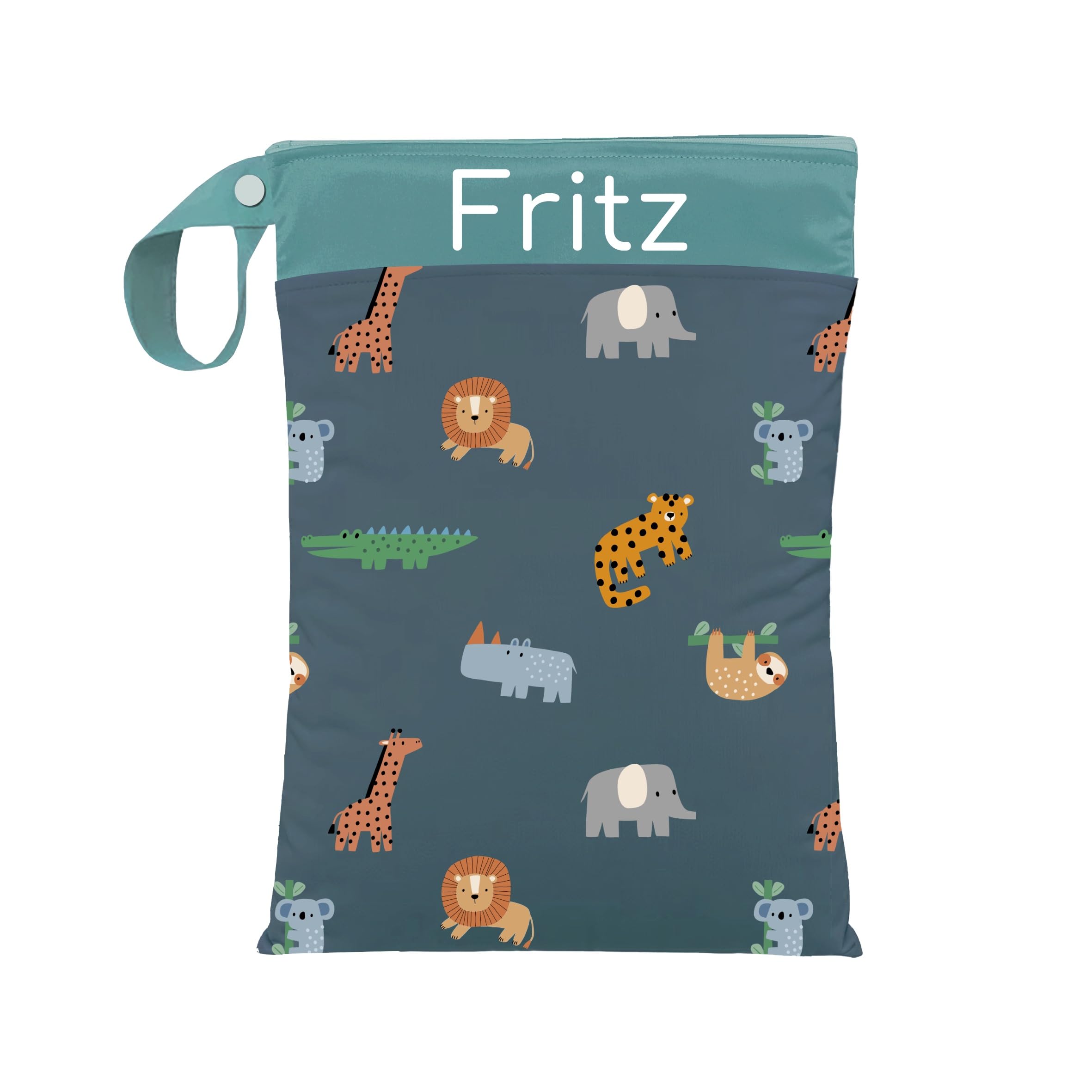 ARTEE Nasstasche für Kita-Wechselwäsche, Wasserdicht, Waschbar, mit Reißverschluss, Personalisierbar, mit Name, für Kindergarten, Strand, Sport (Jungle Blue)