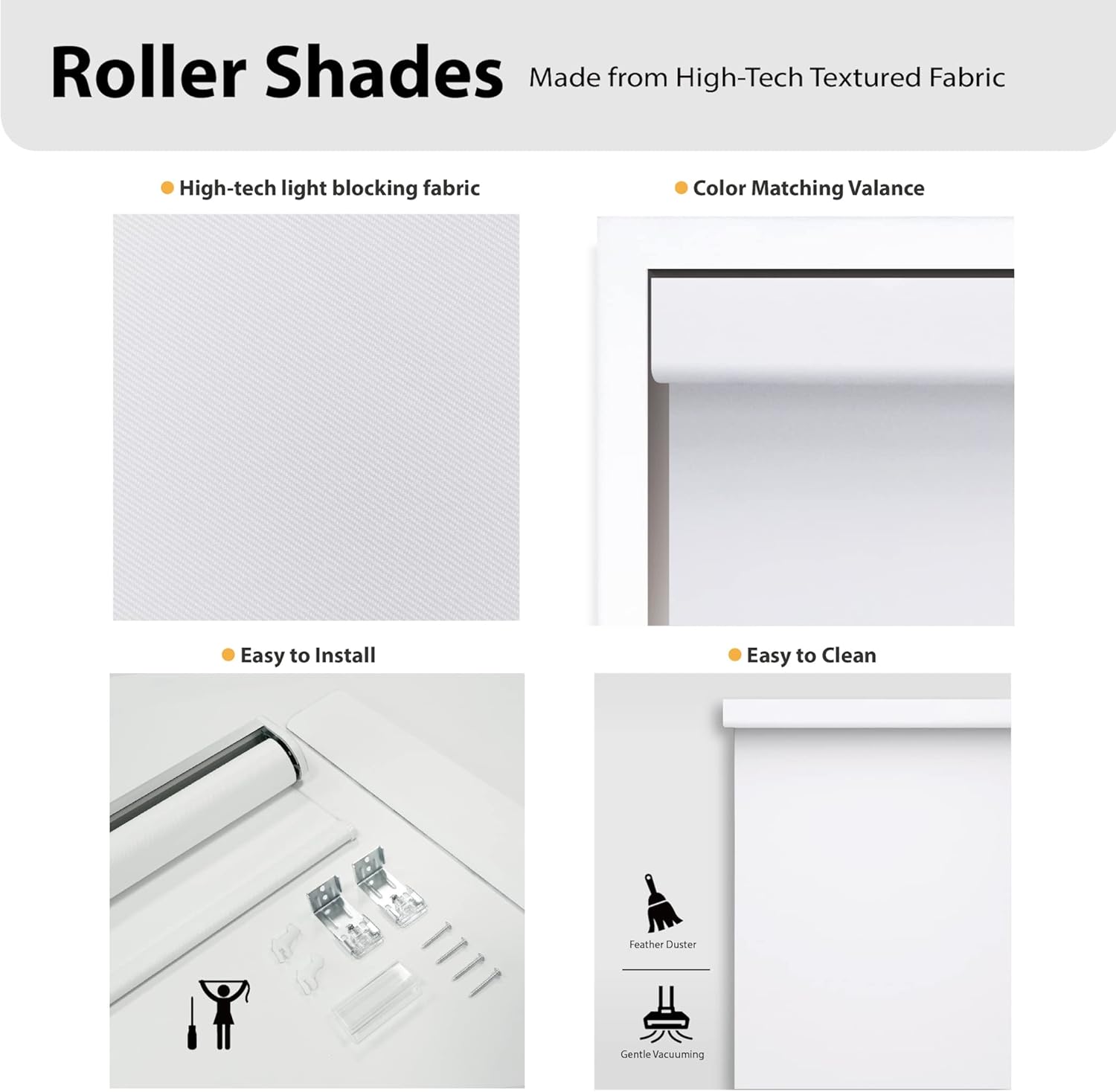 DEZ FURNISHINGS Cordless FreeStop Roller Shade, Room Darkening, Energy Saver, 27" W x 72" H, White