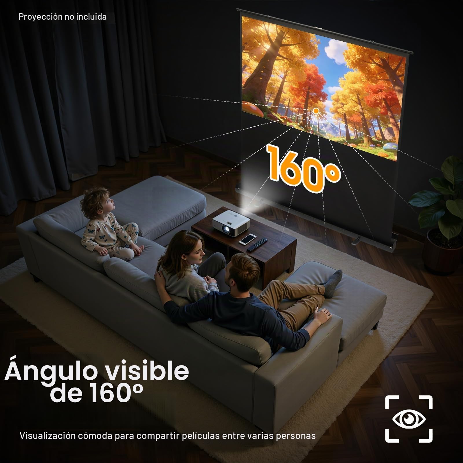 Pantalla de proyección, Proyector de enrollado, Pantalla de proyección 4K, Pantalla de cine en casa con 160° de gran angular y 1,2 de ganancia, Pantalla de fibra de vidrio estable para