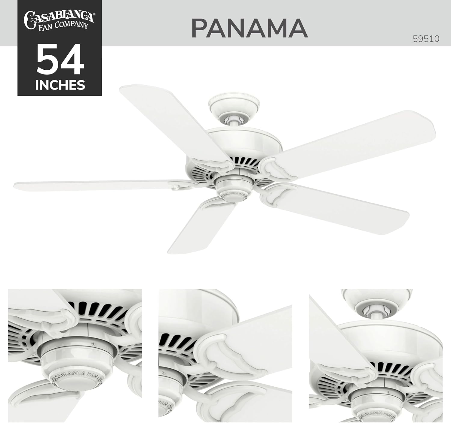 Casablanca 54 inch Indoor Ceiling Fan No Light with Remote Control - Ceiling Fan without Light, Standard Mount, 5 Blades, For Bedroom, Living Room, or Kitchen - Panama 59510, Snow White