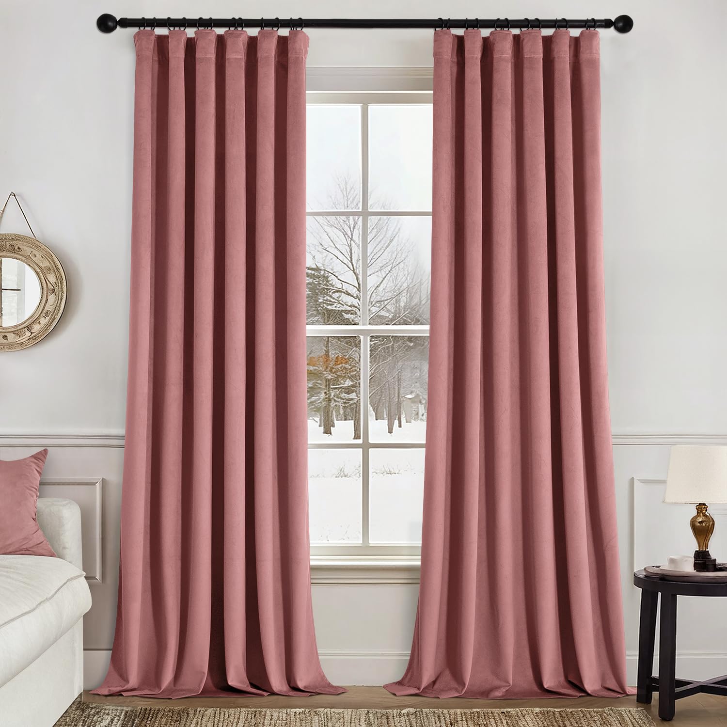 MIULEE Velvet Curtains 90 Inches Long 2 Panels Set for Bedroom, Pinch Pleat Back Tab Luxury Thermal Insulated Pink Living Room Darkening Drapes
