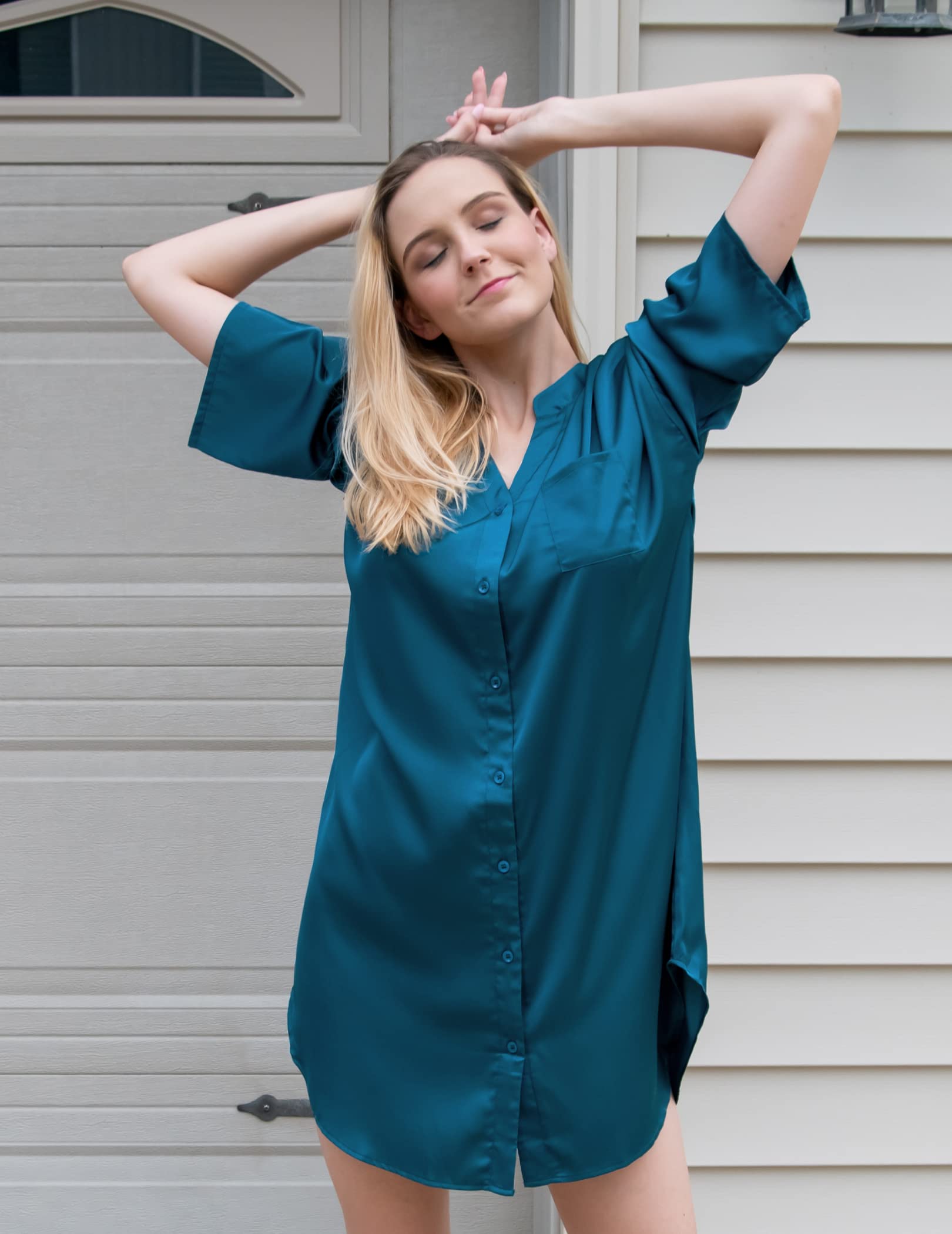 Ekouaer Satin Nightgowns for Women Silk Sleepwear Button Down Sleepshirt 3/4 Sleeve V-Neck Nightshirts with Pockets: Blue Green Large