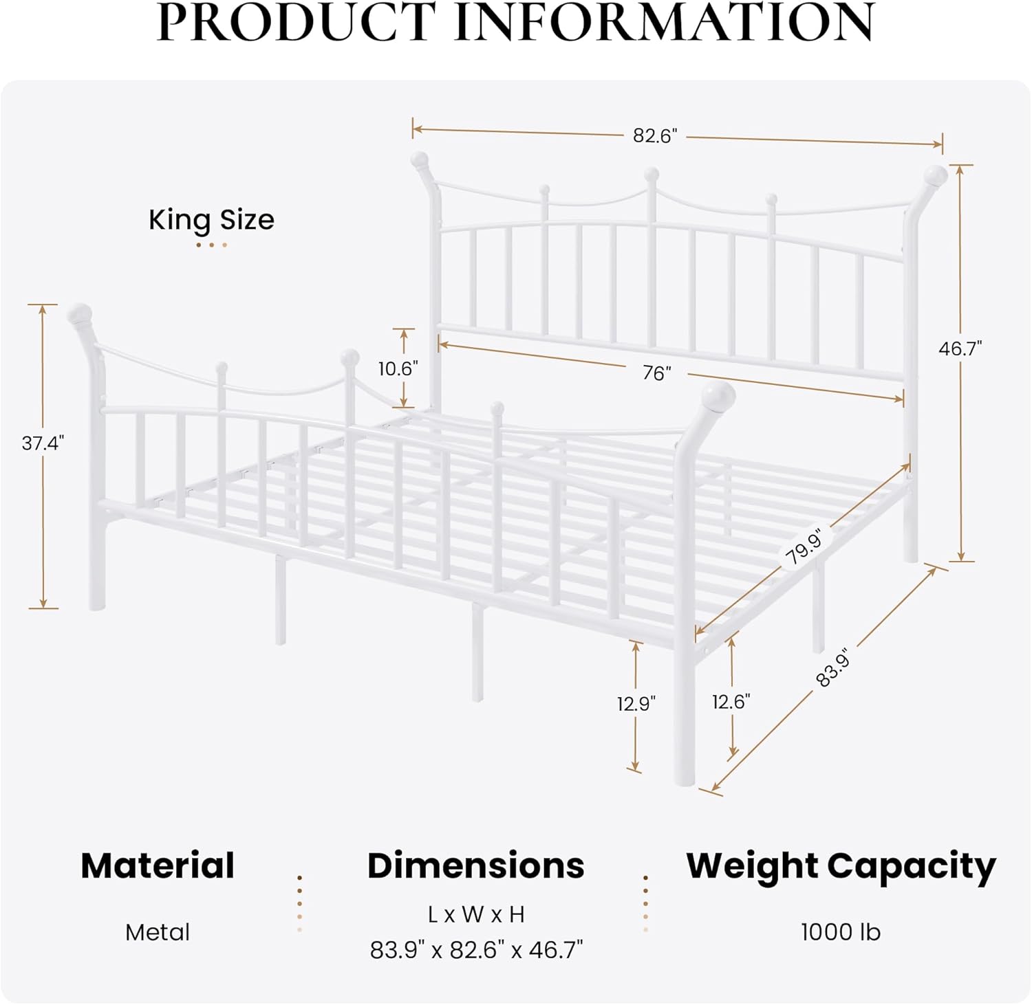 SHA CERLIN 14 Inches King Size Metal Platform Bed Frame with Crown Style Victorian Headboard & Footboard, Ample Under Bed Storage, Noise Free, Easy Assembly, No Box Spring Needed, White
