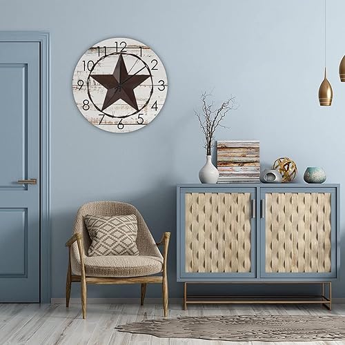 Miniatura 4 de Reloj de pared redondo de madera con estrellas de Texas, silencioso, funciona con pilas, aspecto envejecido, decoración de pared para sala de estar,