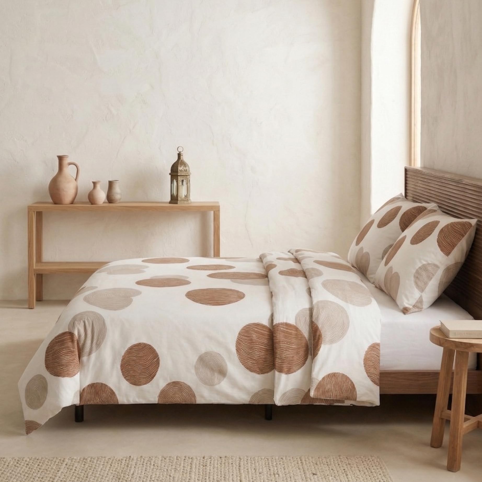Juego Funda nórdica Cama 180/200 100% algodón, Funda edredón 260x240 cm + 2 Funda Almohada 50x90 cm, Estampado círculos, Marrón/Taupe.