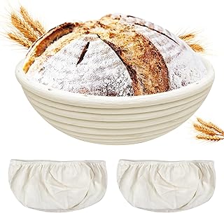 Banneton pour Pain de Fermentation, Banneton à Pain Rond de 22 cm, Sourdough Bread Proofing Basket, Corbeille à Pain, Panier de Fermentation, avec Housse en Lin