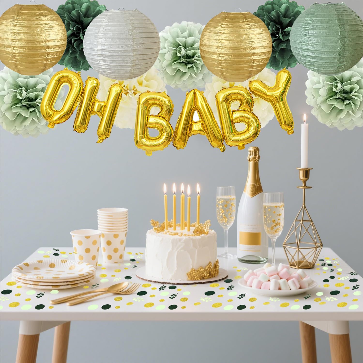 Sage Green Baby Shower Decorations Oh Baby Banner Olive Beige Gold Paper Lanterns Tissue Pom Poms Gold Table Confetti Scatter for Neutral Greenery Baby Shower Gender Reveal Birthday Party Decoration
