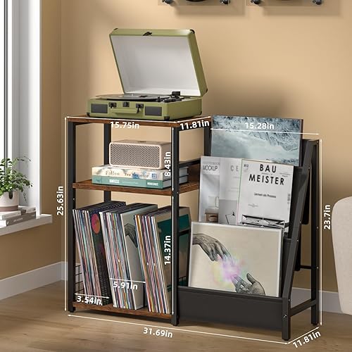 Miniatura 43 de LELELINKY Mesa para tocadiscos, estante giratorio con almacenamiento de vinilo de hasta 150 álbumes, mesa auxiliar blanca con estante para libros