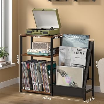 LELELINKY Record Player Stand with Vinyl Storage, 3 Tier Turntable Stand with Display Shelf Storage Up to 150 Albums,Brown End Table for Living Room