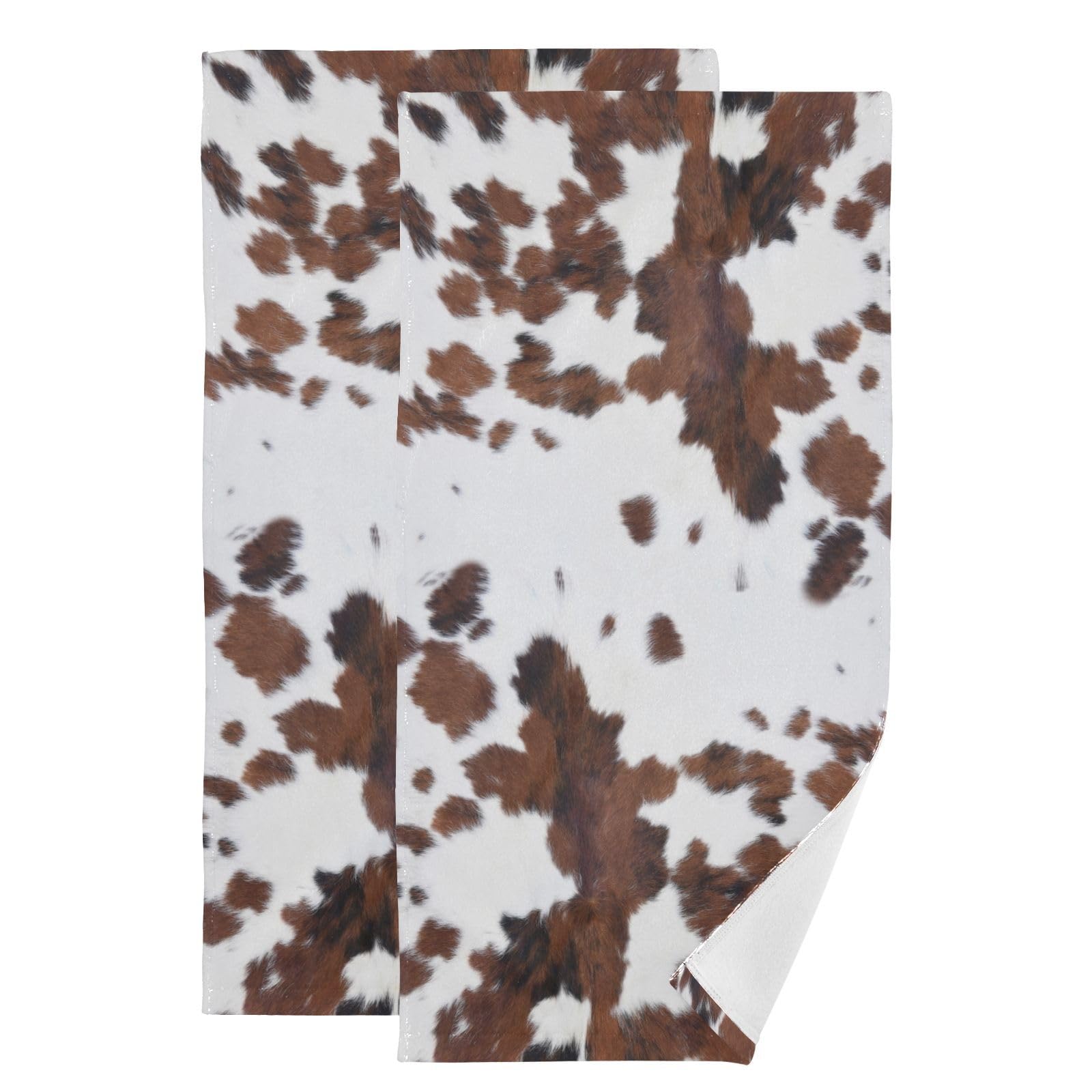 HUAZHIKOU Brown White Cowhide Hand Towels for Bathroom Set of 2 Western Cow Print Farmhouse Face Towels Microfiber Animal Fur Kitchen Towels