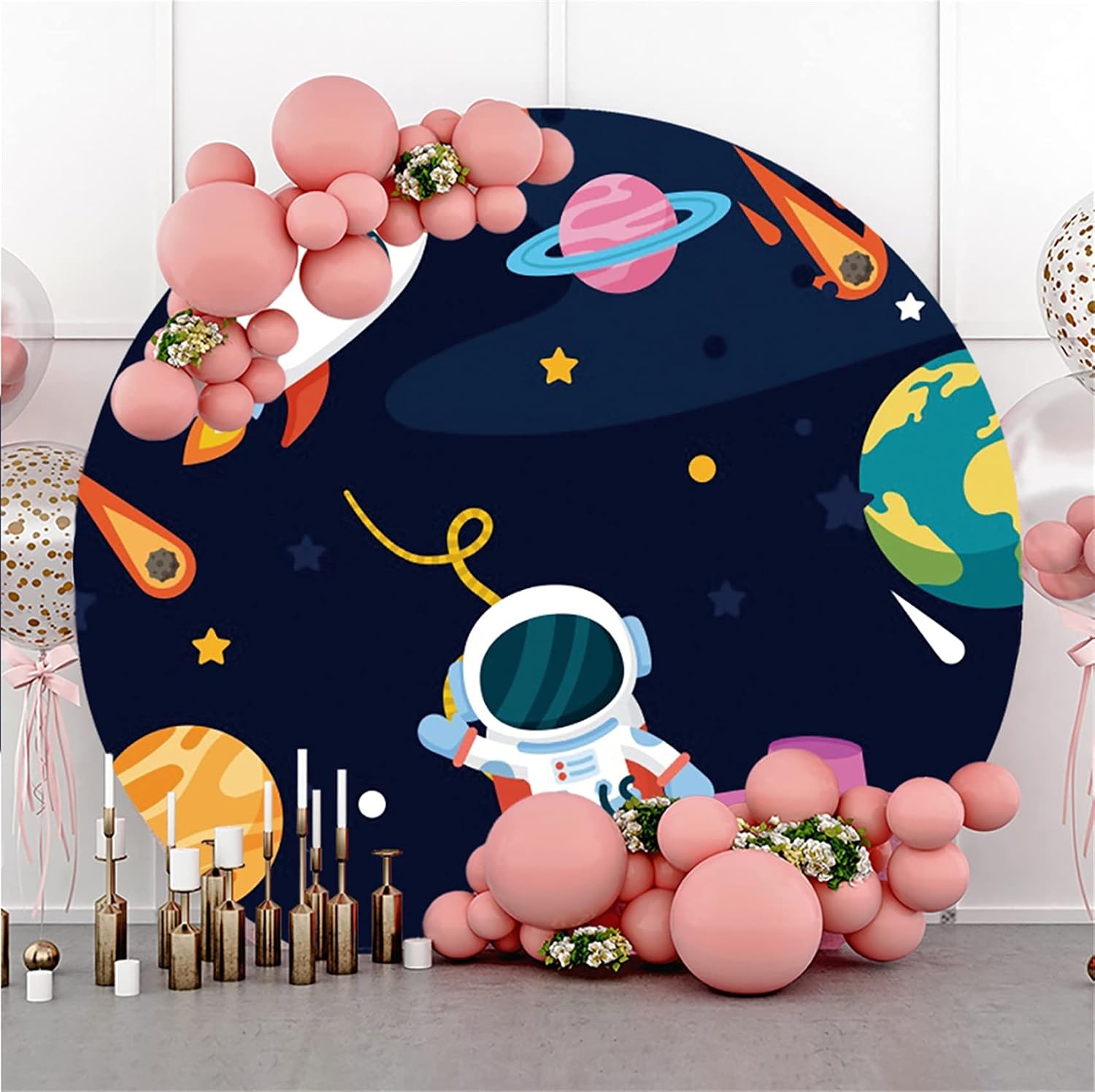 Renaiss 6.5x6.5ft Spaceman Round Backdrop Covers for Photoshoot Kids Portrait Rocket Shooting Stars Planets Outer Space Circle Photography Background Baby Shower Birthday Party Decor Photo Booth Props