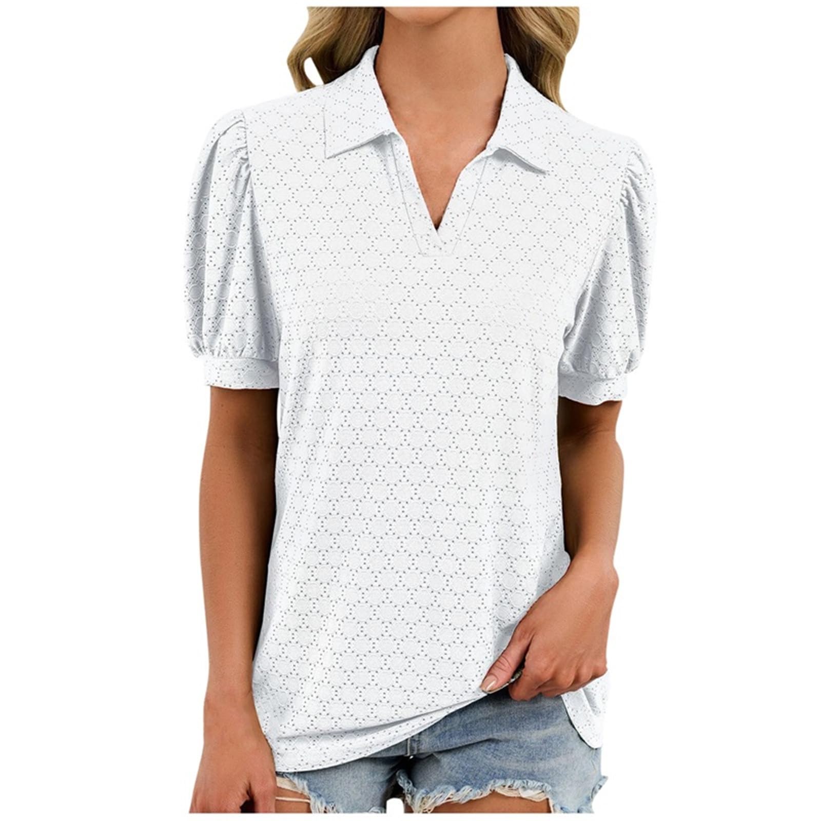 Womens Polo Shirt 2026 Summer Short Sleeve Collared V-Neck Eyelet Top Dressy Casual Trendy Cute Dress Shirts Loose Fit