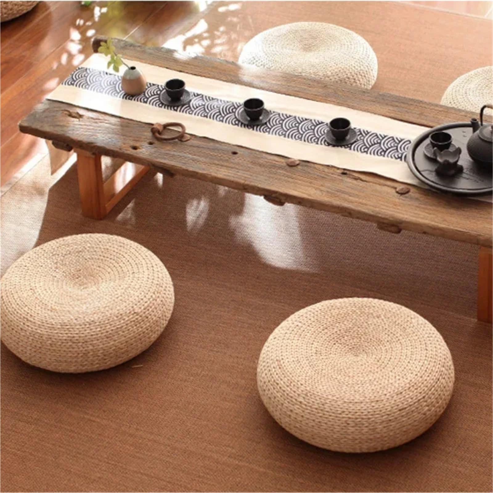 Cojín de meditación Tatami-cojín redondo de ratán for Yoga y meditación, cojín futón grueso tejido paja for salón té, decoraciones for el hogar