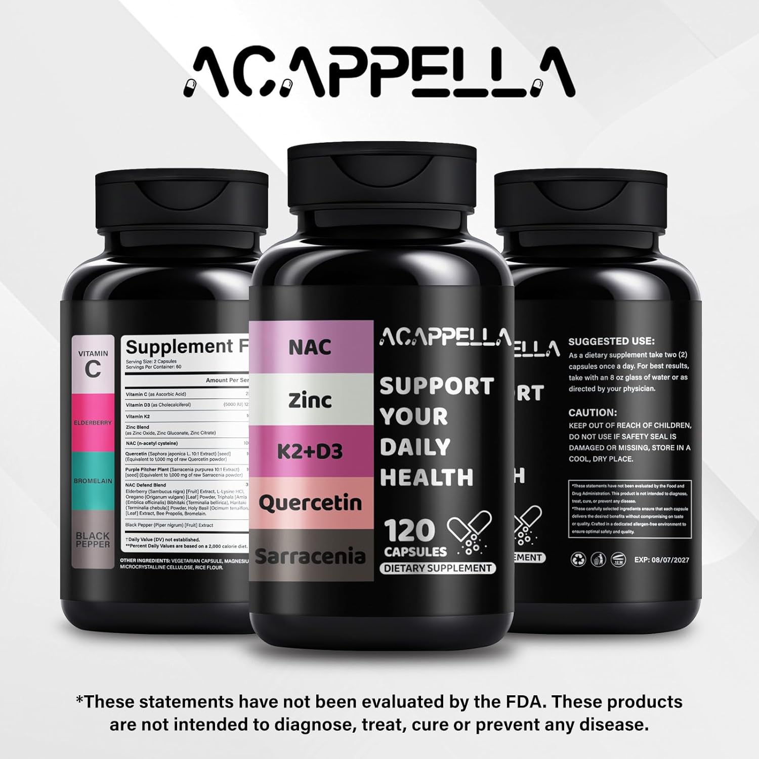 ACAPPELLA N-Acetyl Cysteine Vitamin D3 K2 Zinc Quercetin Sarracenia Purpurea NAC Supplement with Elderberry Holy Basil Bee Propolis Bromelain L-Lysin for Men & Women (1)