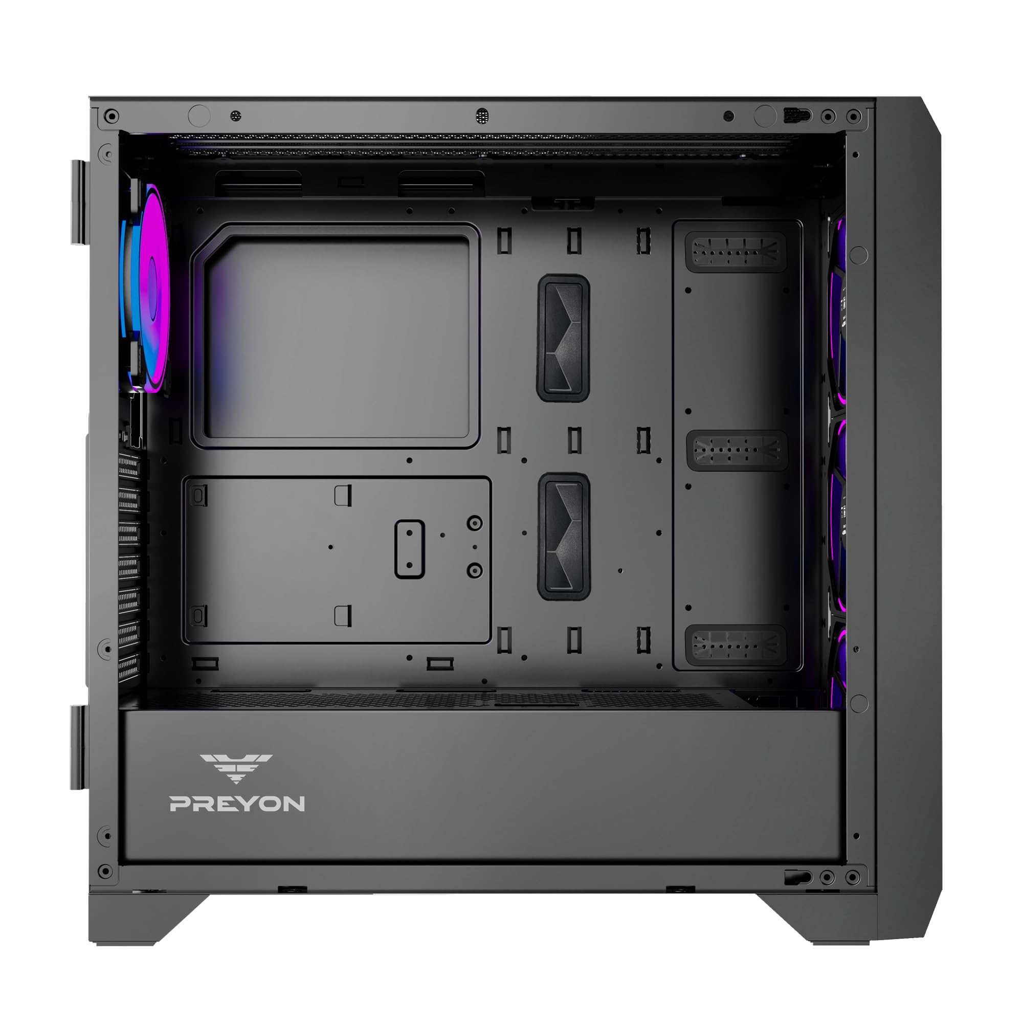 PREYON Nest Windy+ - Case per PC nera con parte anteriore in rete, 4 ventole ARGB da 120 mm, controller ARGB, parete laterale in vetro, compatibilità ATX/Micro-ATX/Mini-ITX, USB-C