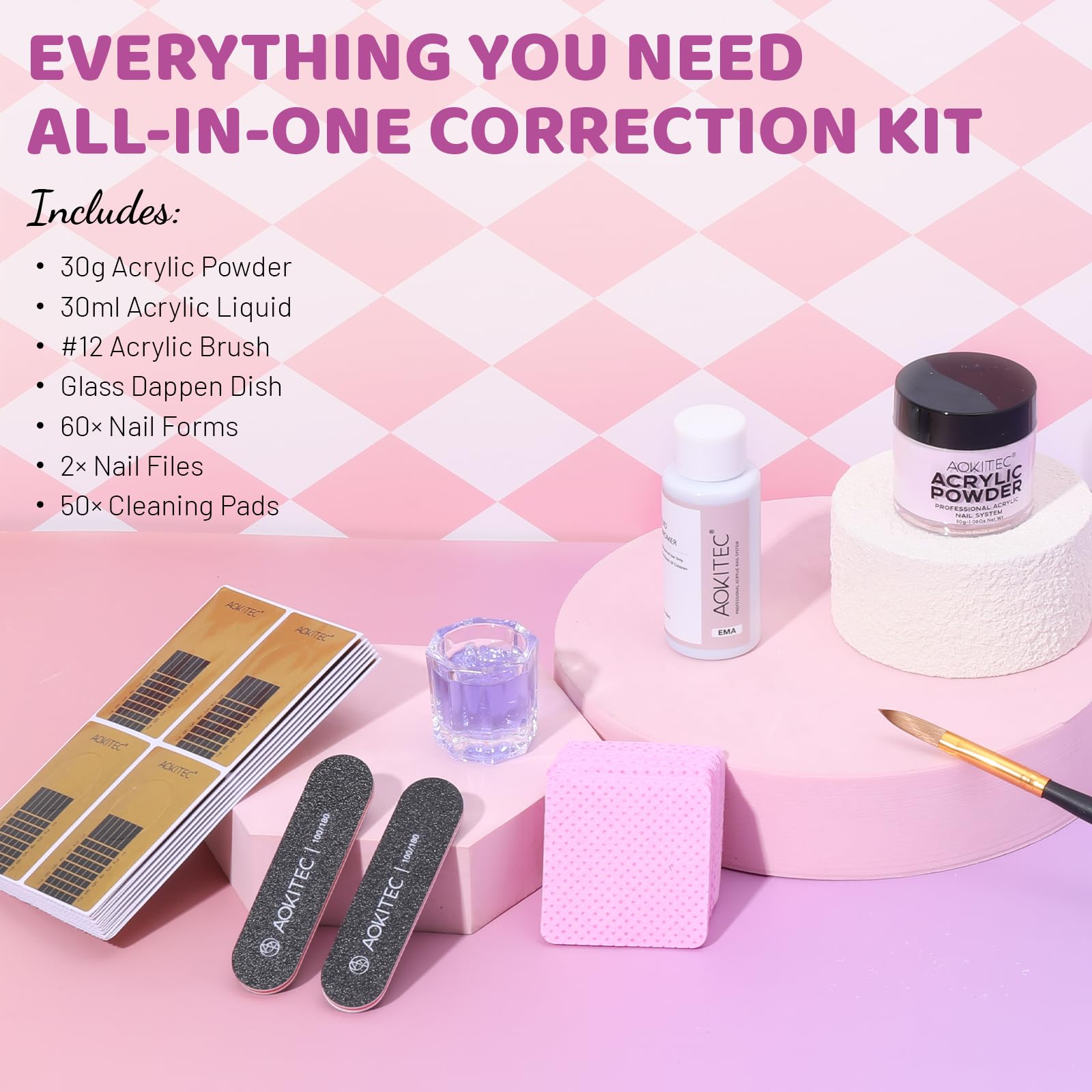 Aokitec Kit per Unghie Acriliche Rosa Mini: Polvere Acrilica, Monomero Acrilico Liquido, Pennello per Unghie, Kit Portatile per Unghie, Set Acrilico per Principianti