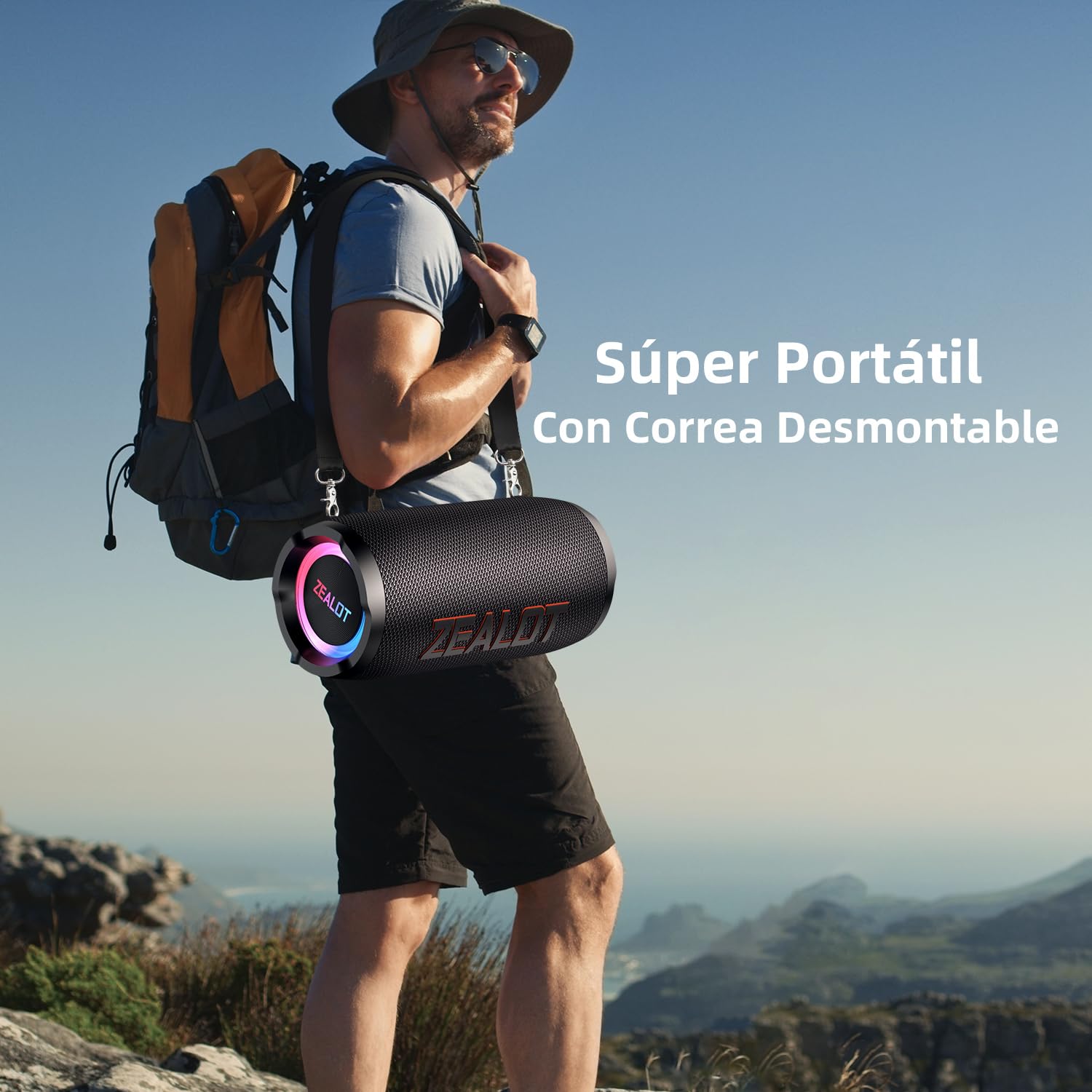 ZEALOT Altavoz Portátil Bluetooth con Luz LED, Altavoz Exterior Inalámbrico, 50W Sonido Potente, Autonomía de 30 Horas, Puerto de AUX, USB, Tarjeta TF , Bluetooth 5.3 y IPX6 Impermeable