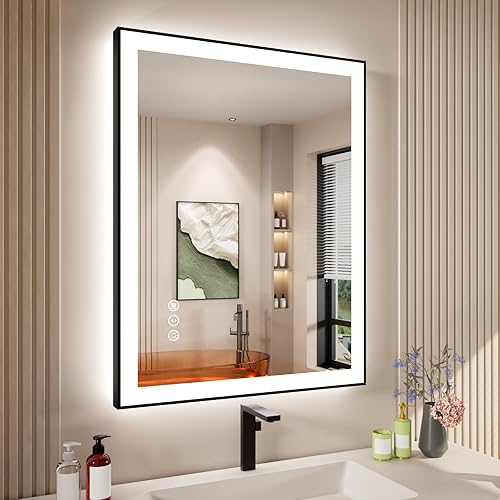 Miniatura 77 de Espejo de baño LED de 20x28 pulgadas con marco negro, espejos de baño retroiluminados y con luz frontal para pared, antiempañamiento, regulable, con