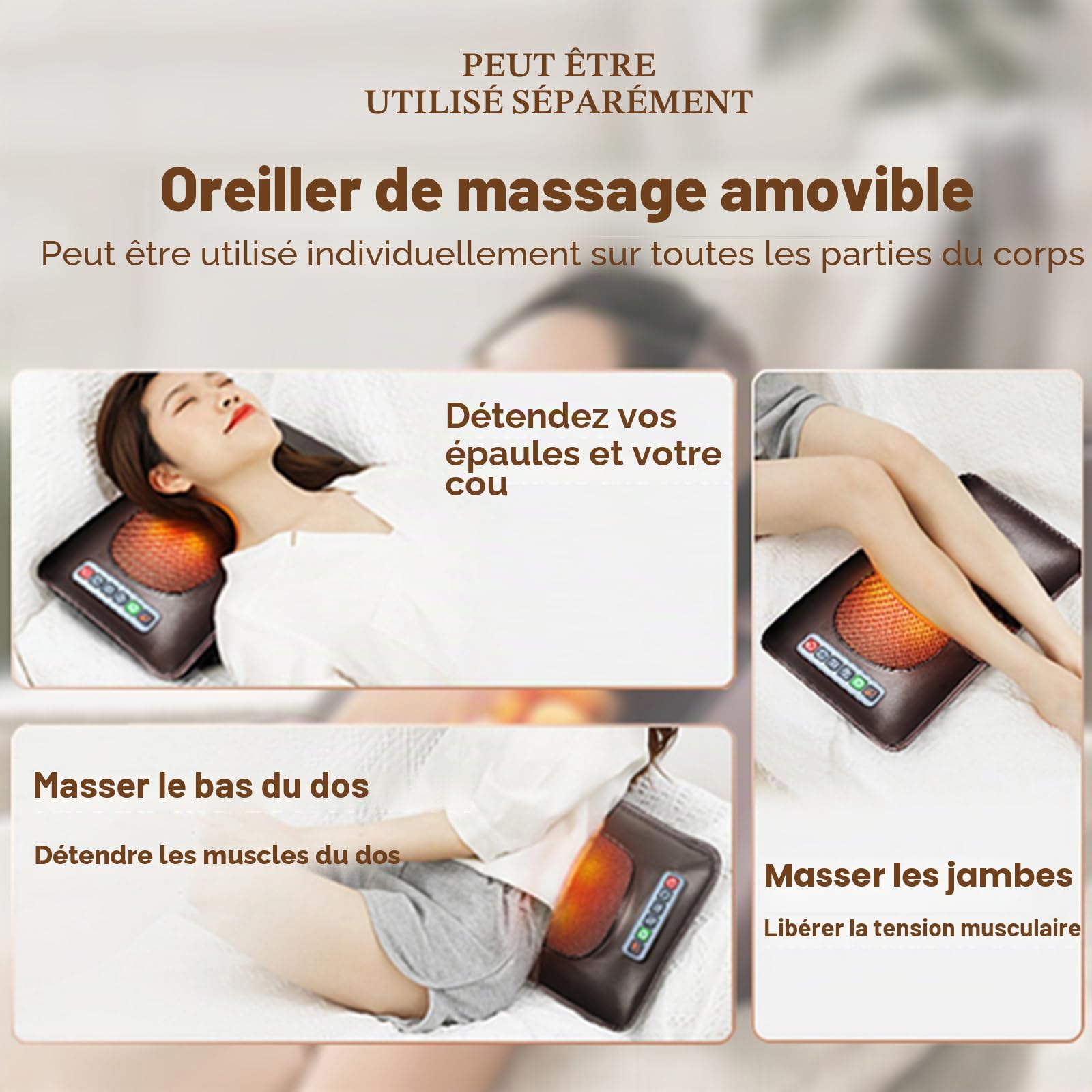 Coussin de massage dorsal avec fonction chauffante, 9 modes de massage, mode vitesse avec masseur de cou amovible et masseur multifonction pour les jambes et les pieds pour la maison et le bureau