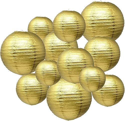 Linternas de papel doradas 12 unidades de tamaños surtidos de 6, 8, 10, 12 pulgadas, chinos, redondos, para colgar, decoración de bola, lámparas
