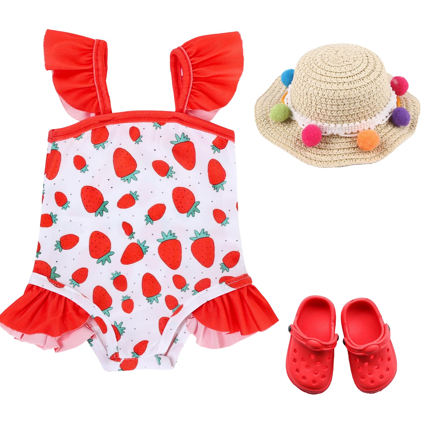 Doll Clothes Swimming Set for 14–18 Inch Dolls, Summer Doll Clothing: Strawberry Swimsuit, Pom-Pom Sun Hat, Shoes, Newborn Baby Swimming for Doll 35–43 cm, Doll Accessories Gift for Children