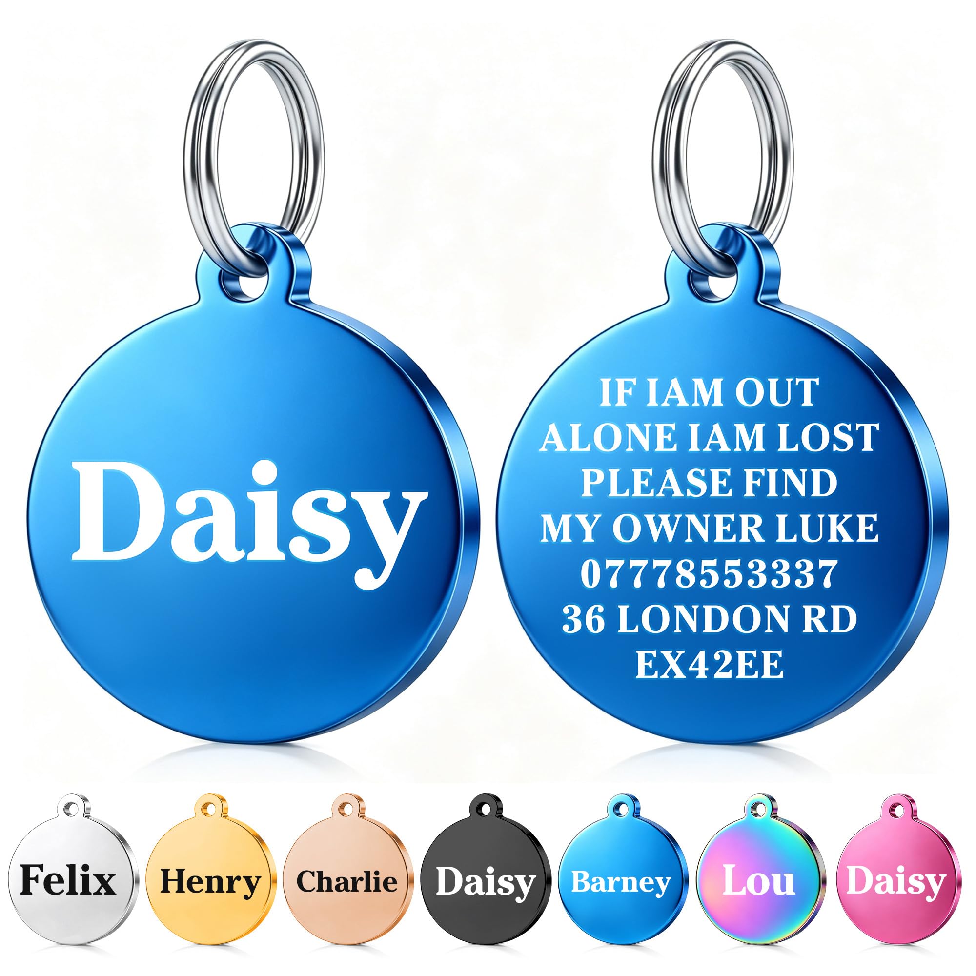 Dog Tags for Pets Engraved UK Personalised Dog Tag ID Name Tags for Cat Puppy Pet Collar Double Sided Deeply Laser Engraved Stainless Steel Identify Tags (Blue(Round), L)