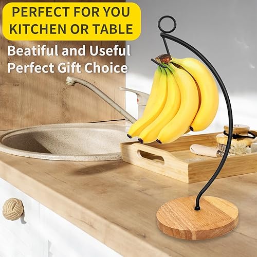 Miniatura 7 de Organizador de plátanos moderno con base de madera duradera, gancho de metal resistente para encimera de cocina del hogar, diseño simple y