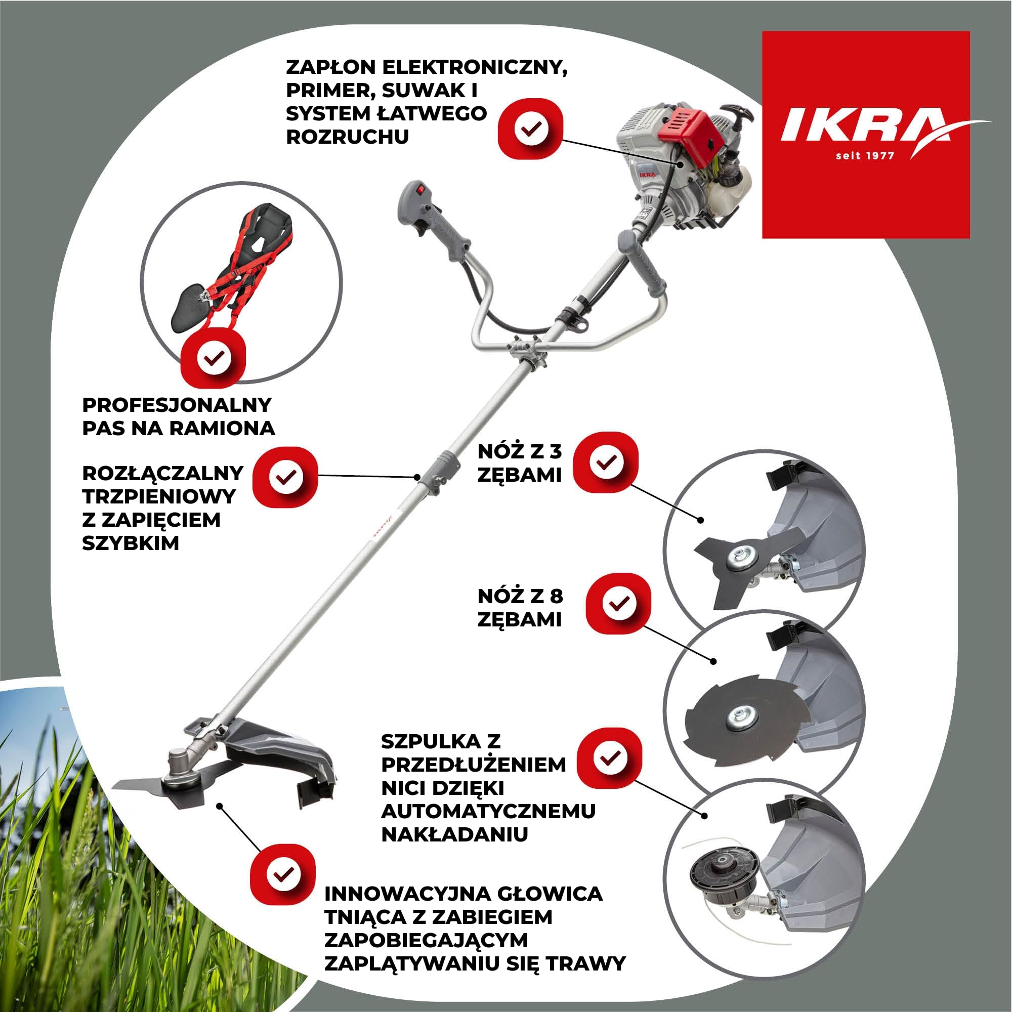 IKRA Podkaszarka spalinowa IBF 31-4, 31 cm³ 0,7 kW bogaty zestaw akcesoriów | W zestawie nóż 3- i 8-zębny, szpula, profesjonalny pas naramienny i osłona, mocny silnik 4-suwowy,łatwy start