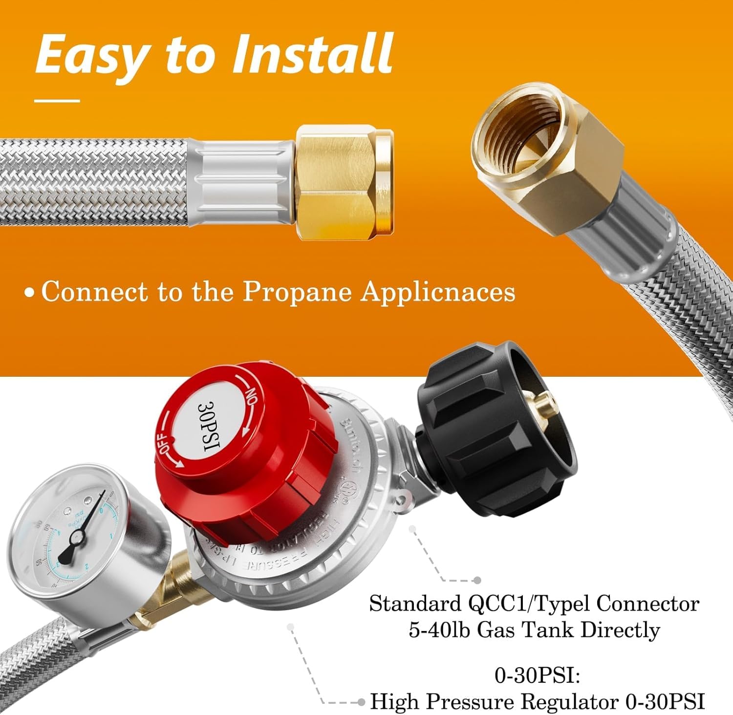 NUPICK 6FT 0-30 PSI Adjustable High Pressure Propane Regulator with 0~60PSI Gauge Gas Flow Indicator，Propane Regulator with Hose for LP Gas Cooker, Burner, Turkey Fryer, Smoker