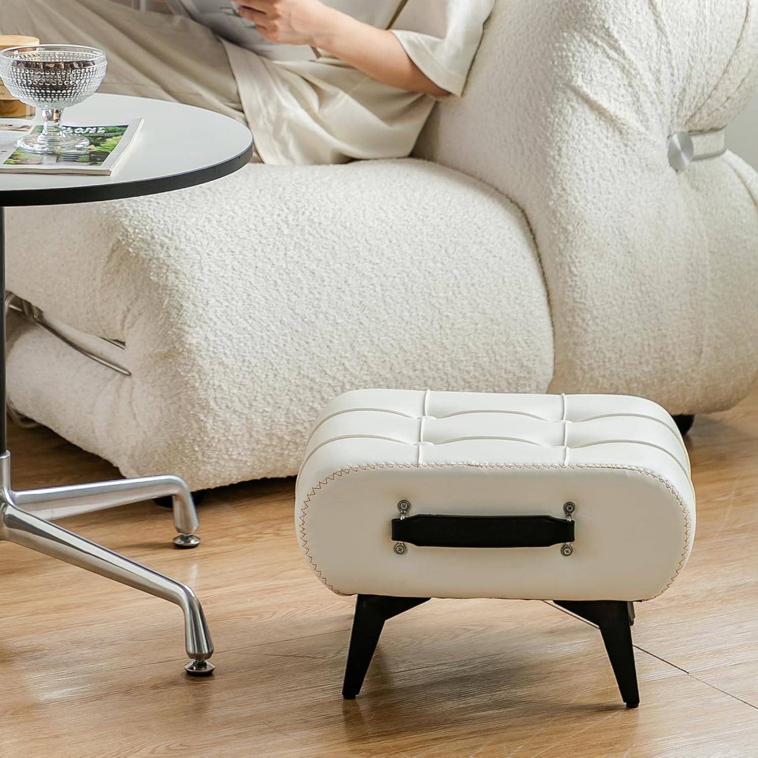 Small Footstool Ottoman - Stylish and Functional Faux Leather Footrest for Extra Seating in Living Room, Entryway, or Office