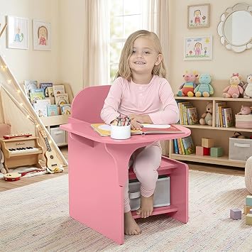 Rainbow Tree 2 in 1 Wooden Children Table with Chair, Small Kids Table and Chair Set with Storage for Toys Books, Suitable for Kids Children Toddlers Boys Girls Pink